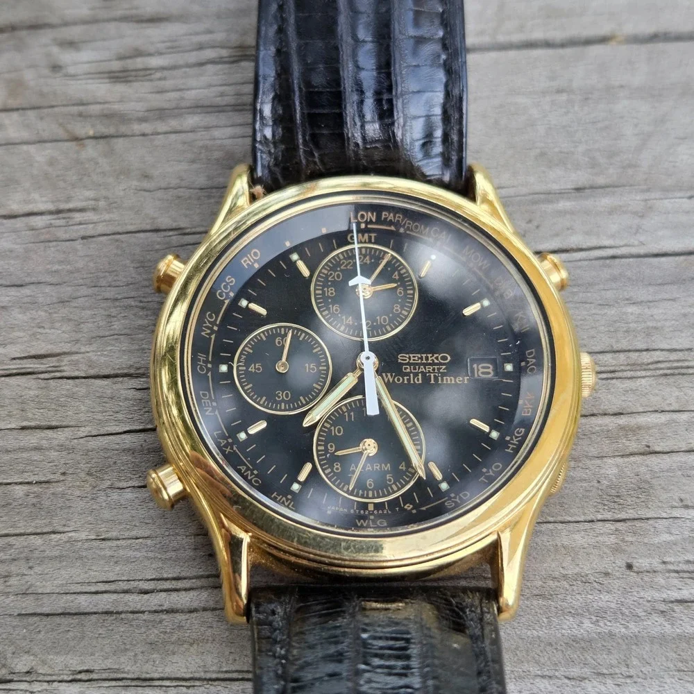 Vintage Seiko World Timer Alarm Quartz 37mm Wristwatch 5T52-6A39 New Battery